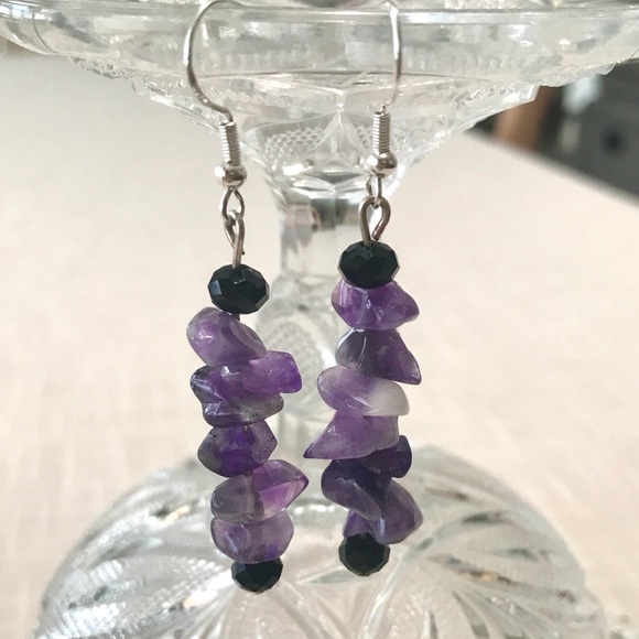 Amethyst and Black crystal dangle Earrings - Picture 2 of 3